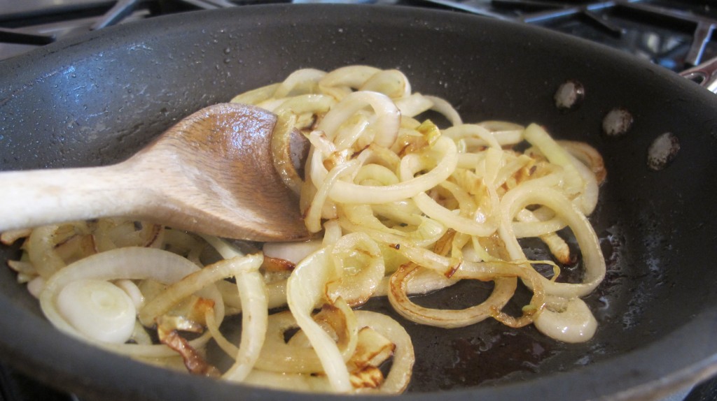 Brown the onion with a little olive oil in a pan, stirring to keep from burning. 