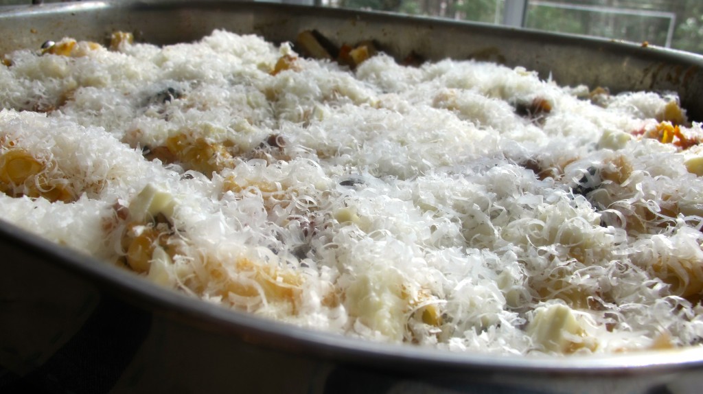 Coat the pasta with mozzarella and parmigiano. 