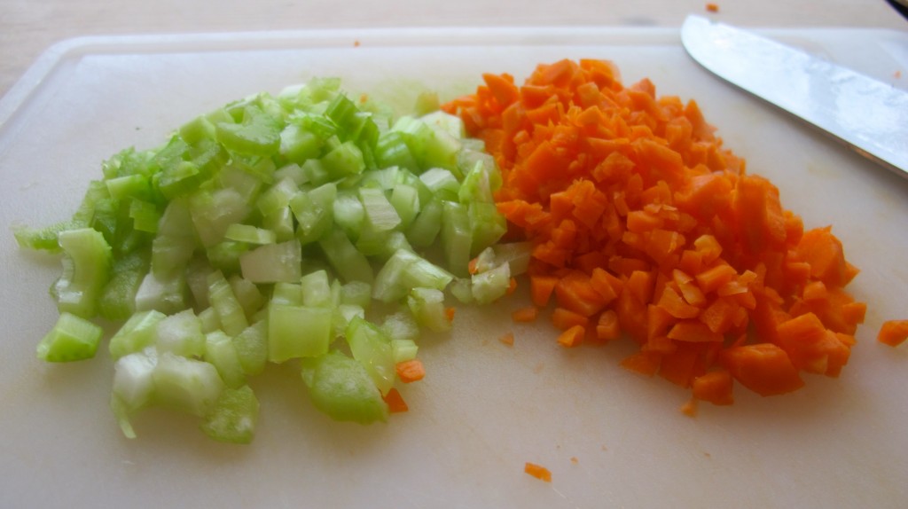 Finely chop the carrots and celery. 