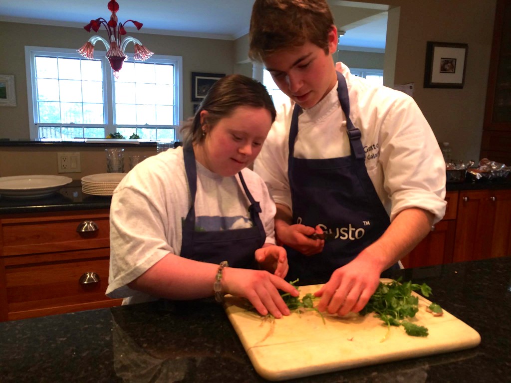 Beth and I chop the cilantro. 