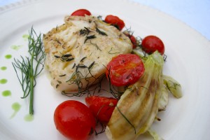Roasted Haddock with Fennel, Cherry Tomatoes, and Yellow Onion