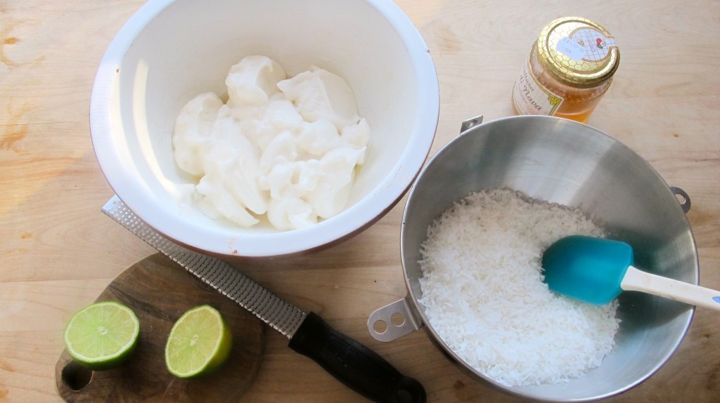 Ingredients for the coconut macaroons: lime, egg white, coconut, honey, powdered sugar, vanilla