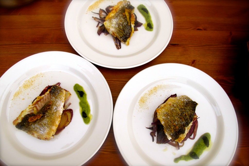 Branzino with Ricotta and Caramelized Red Onion