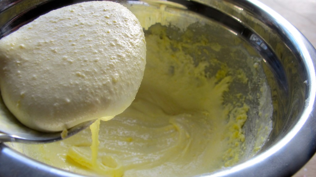 The mascarpone is folded into the egg cream. 