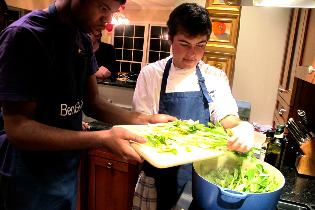 Marcus and I add the bok choy that Andrew and Aly worked on. 