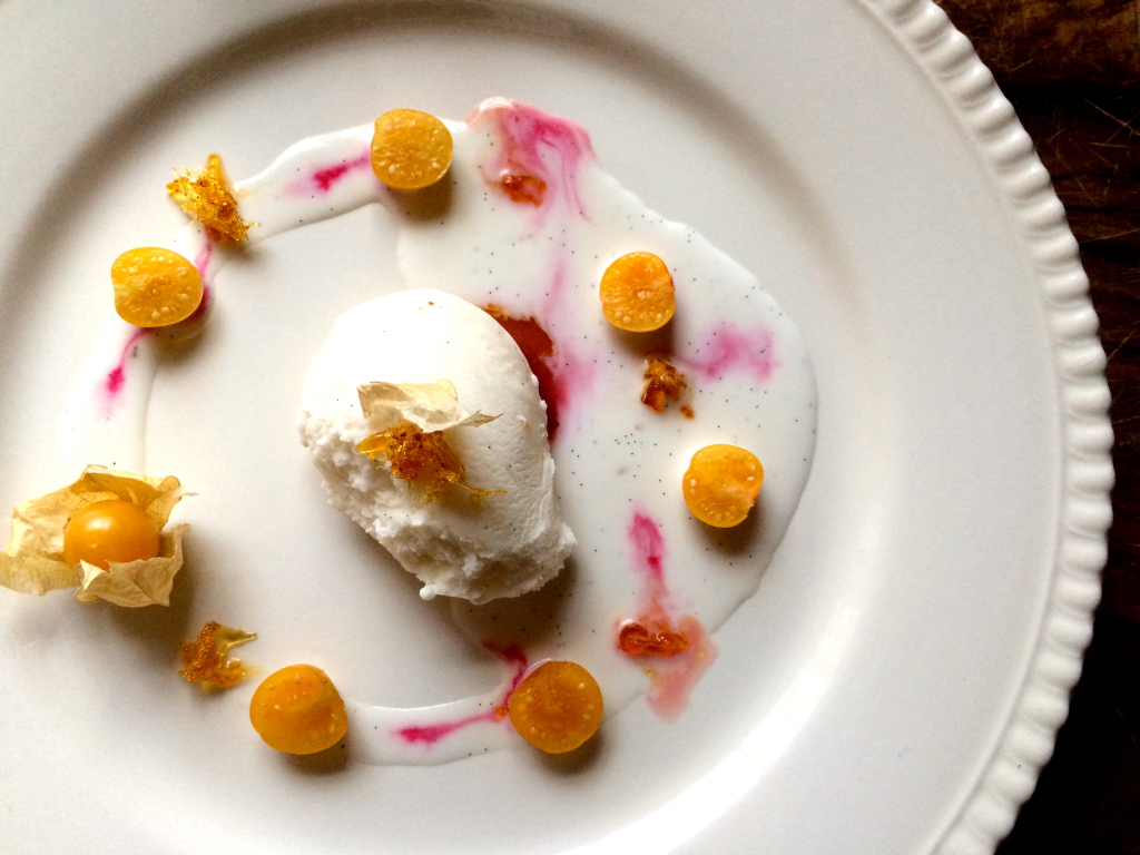 Deconstruction of Plating: Vanilla Gelato with Caramel and Golden Berry