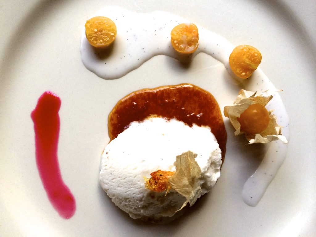 Deconstruction of Plating: Vanilla Gelato with Caramel and Golden Berry