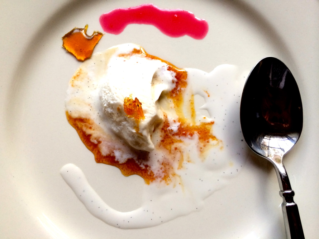 Deconstruction of Plating: Vanilla Gelato with Caramel and Golden Berry